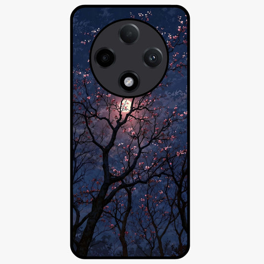 Twilight Sakura Serenade Glass Case showing flat back view with cherry blossom artwork at twilight and glossy glass finish.