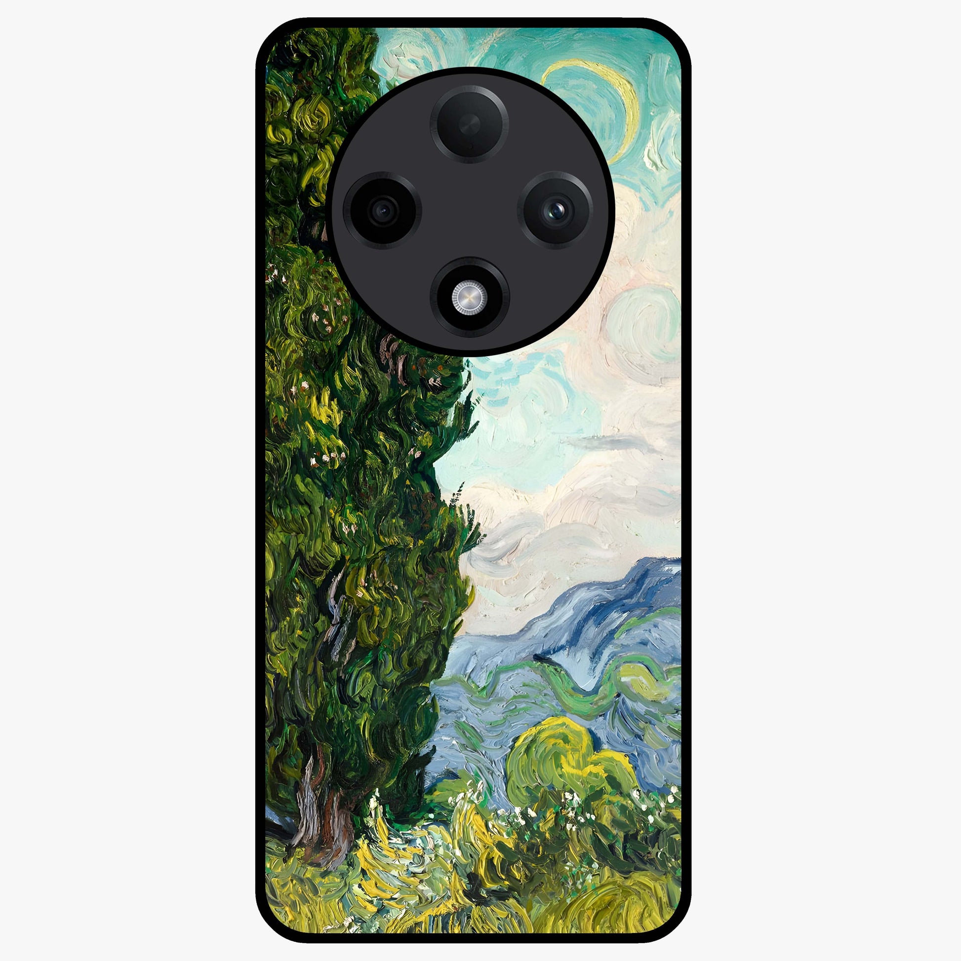 Van Gogh Vintage Art Glass Case showing flat back view with vintage painterly artwork inspired by Van Gogh style and glossy glass finish.