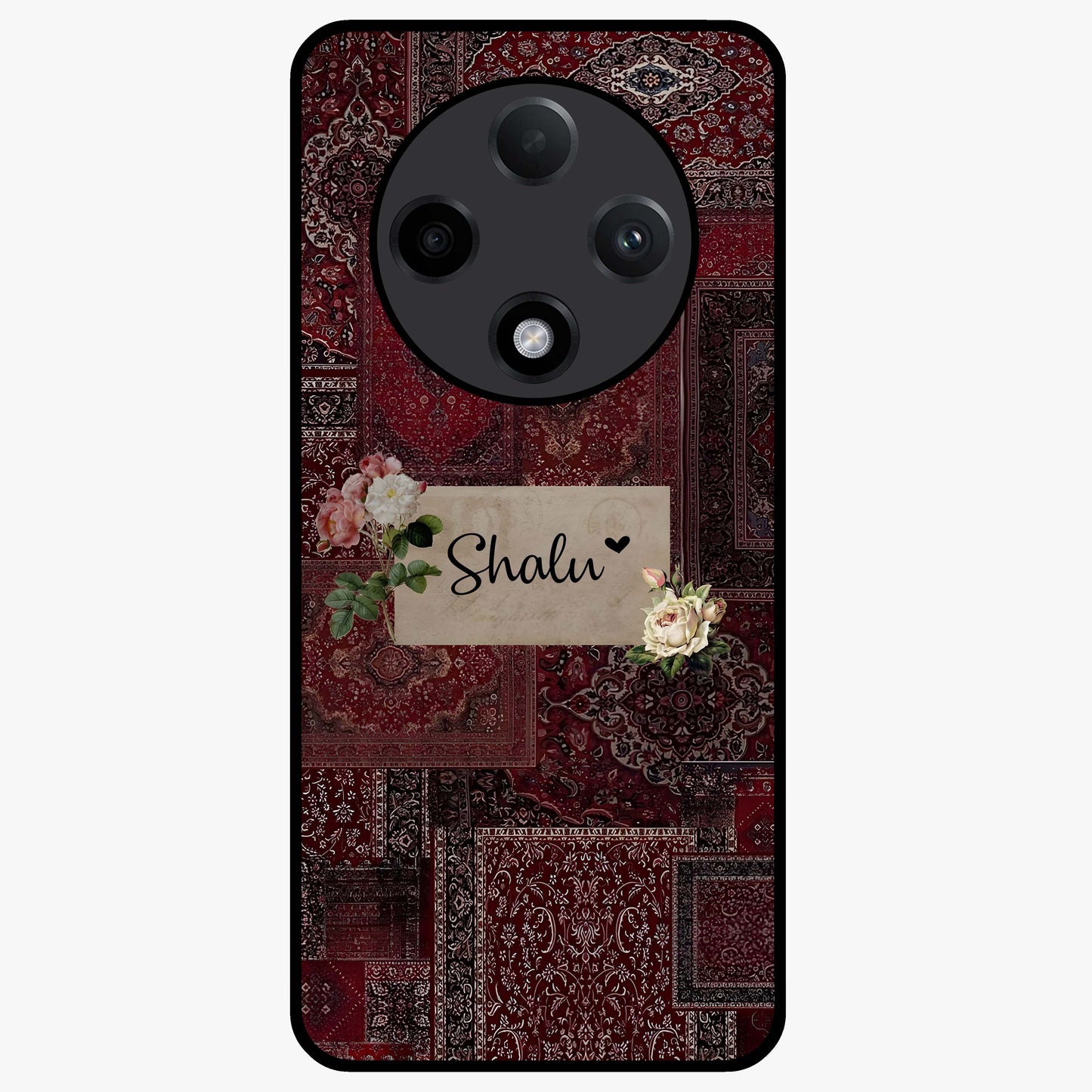 Velvet Wine Pattern Custom Name Glass Case showing flat back view with elegant wine colored pattern artwork and personalized name design.