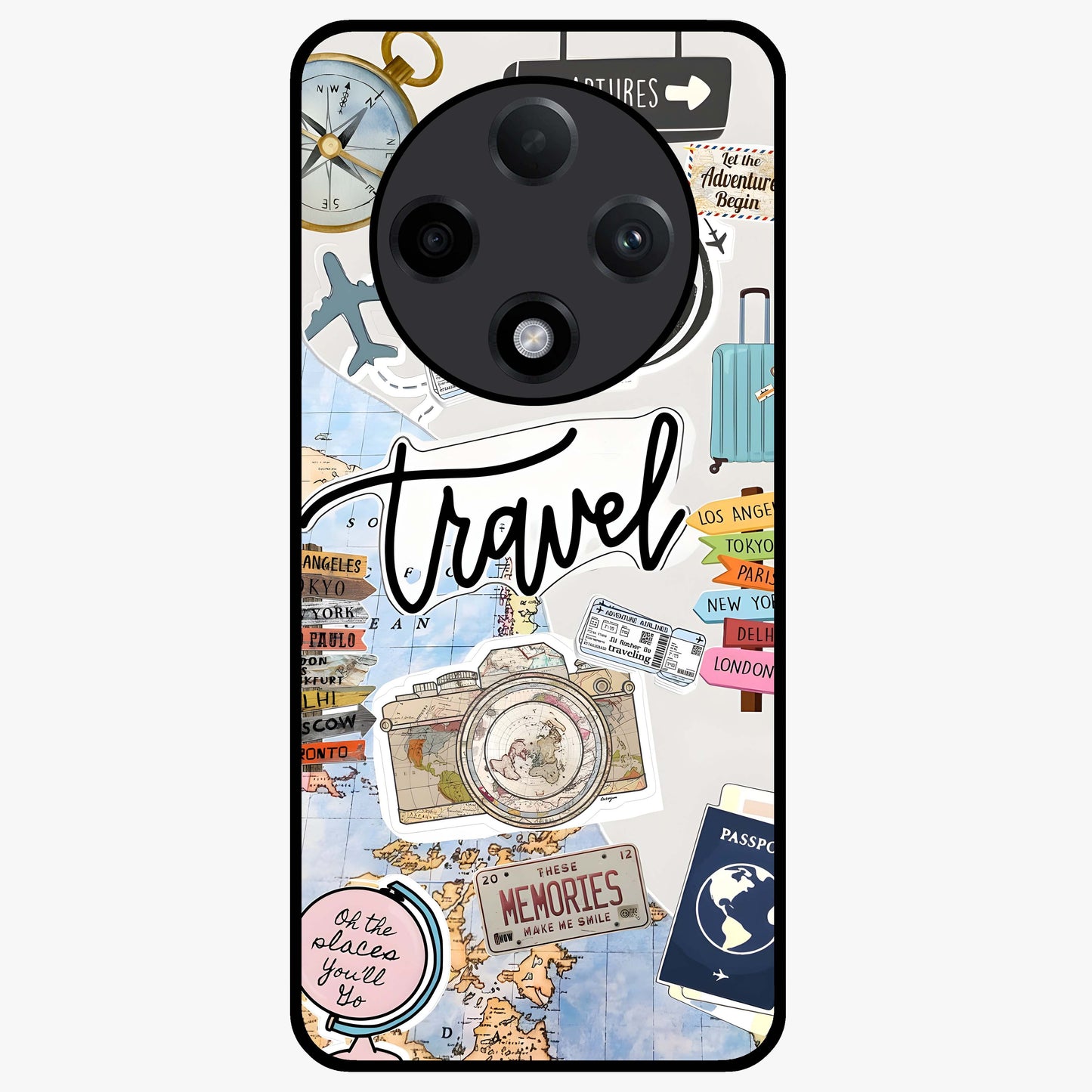 Wanderlust Journal Glass Case showing flat back view with travel inspired artwork and glossy glass finish.