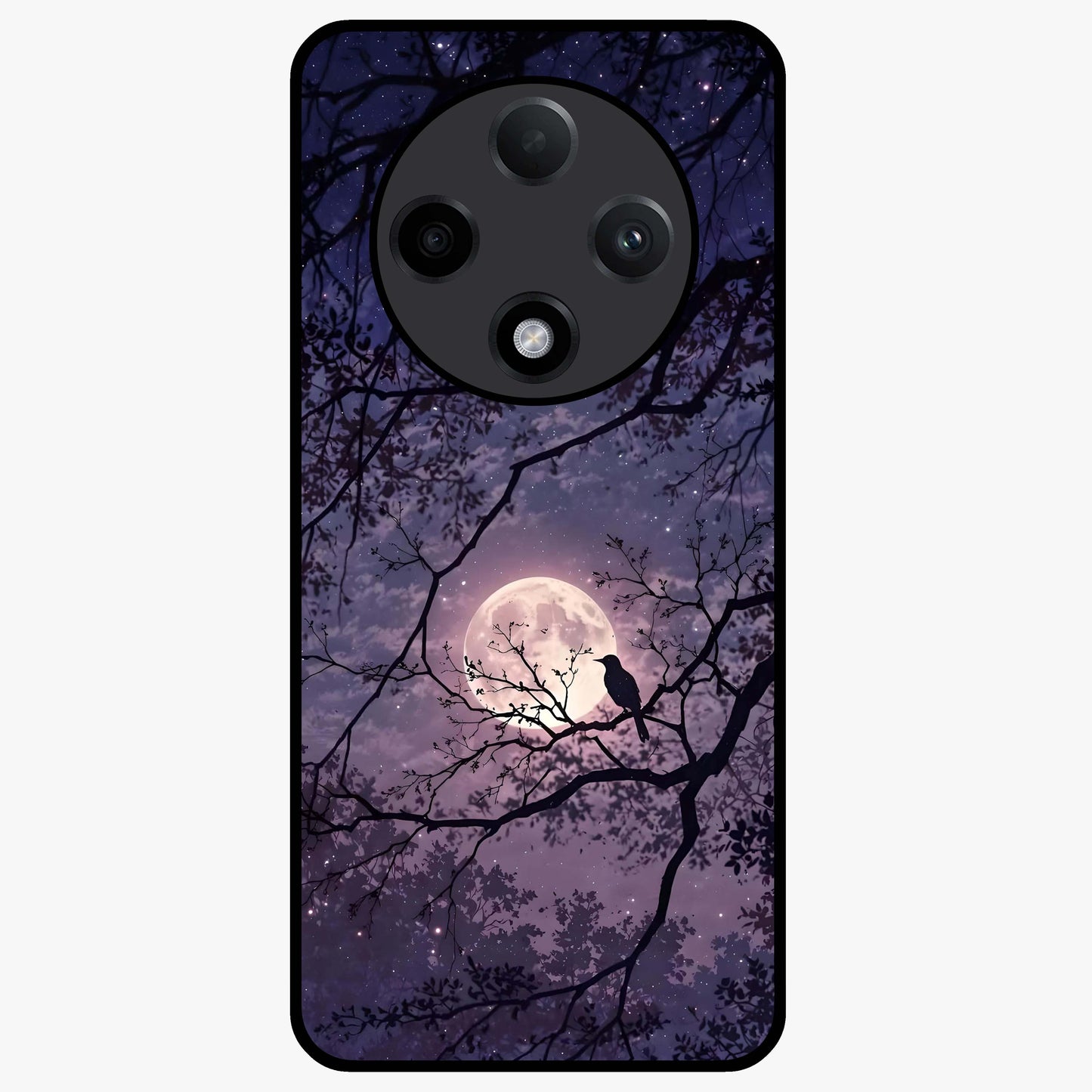 Whispering Moon Silence Glass Case showing flat back view with serene moon themed artwork and glossy glass finish.
