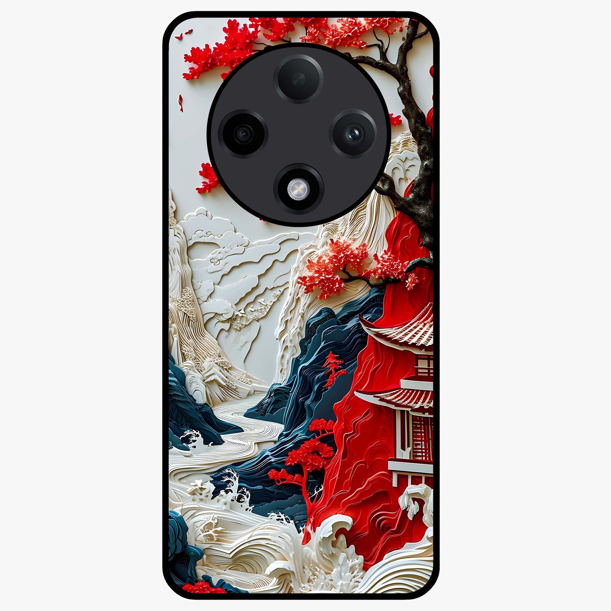 Whispers Of Sakura Waves Glass Case showing flat back view with cherry blossom wave artwork and glossy glass finish.