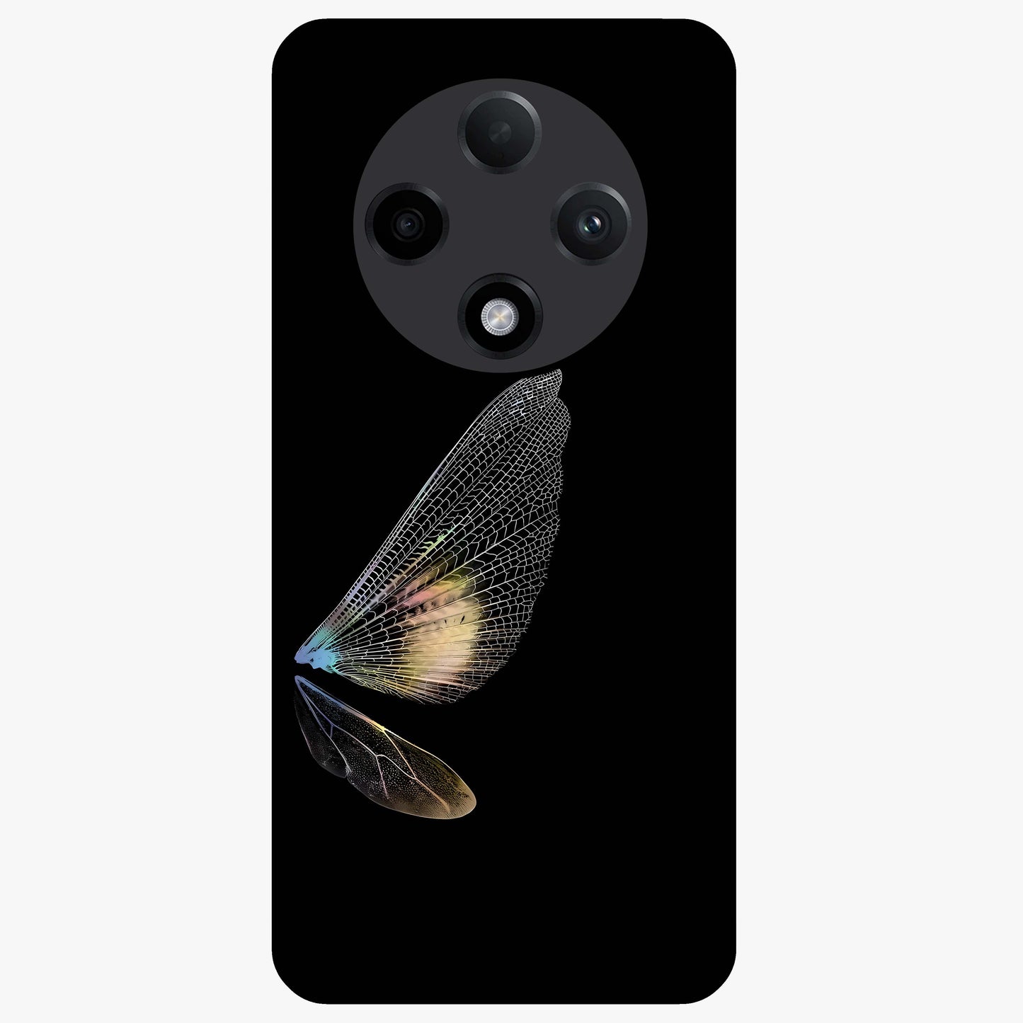 Whispers Of Wings Glass Case showing flat back view with graceful wing inspired artwork and glossy glass finish.