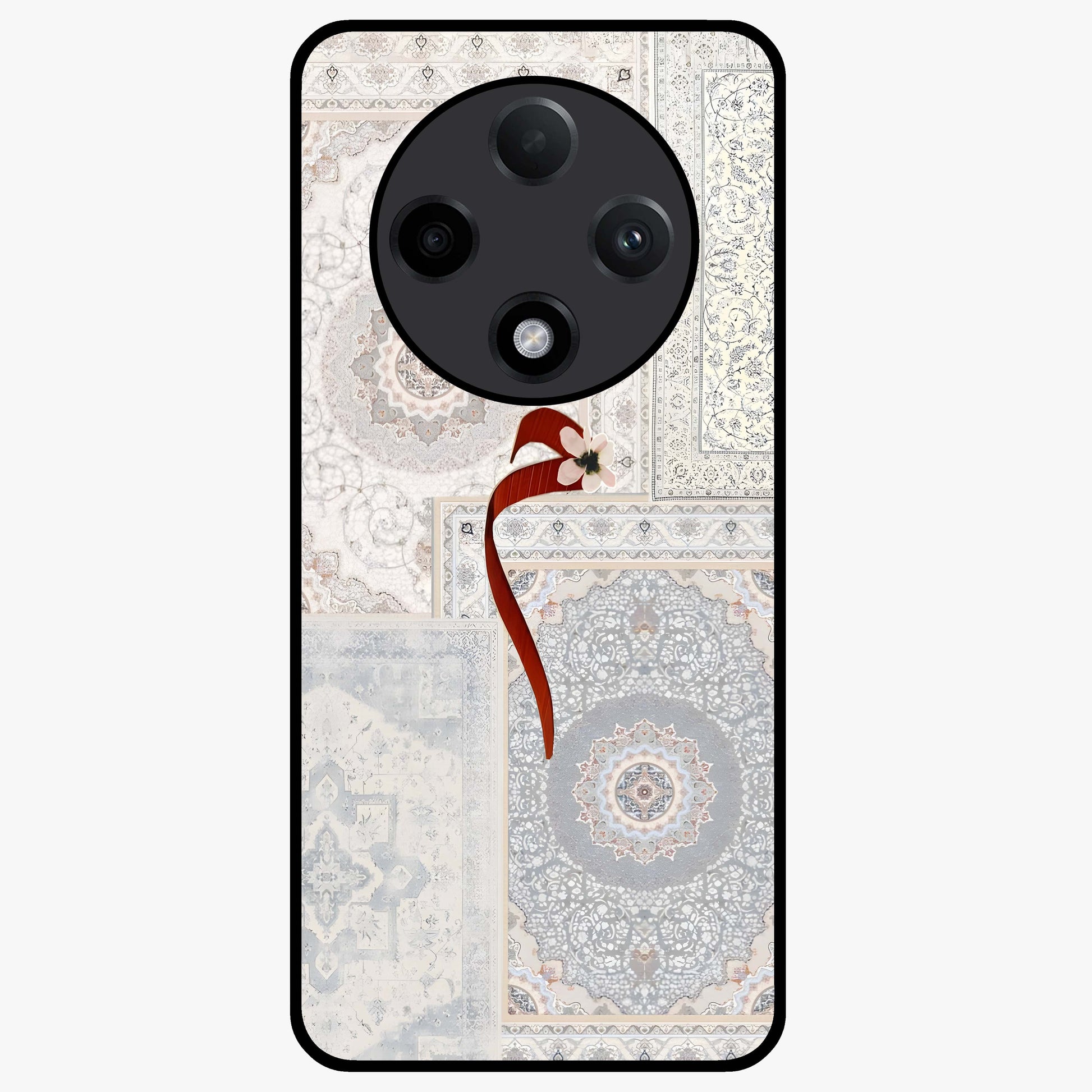 White Aesthetic Bow Glass Case showing flat back view with minimal bow artwork and glossy glass finish.