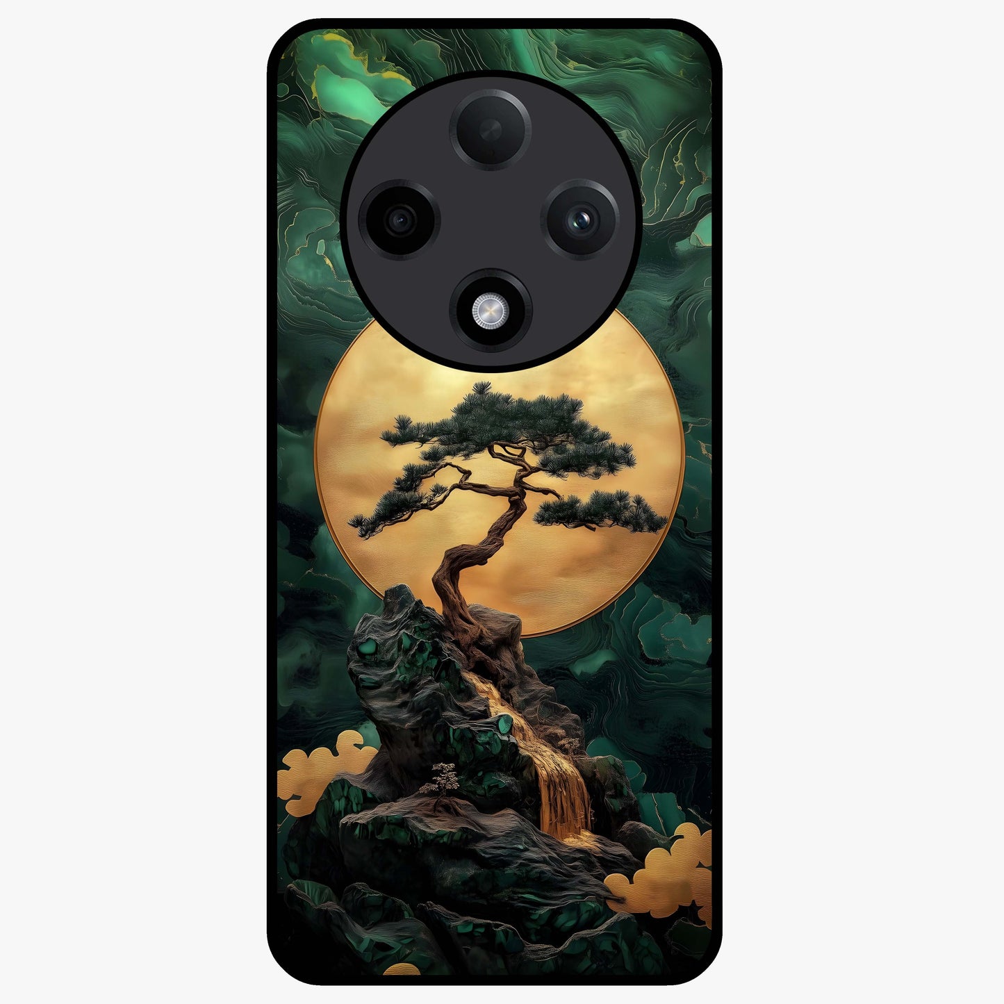 Zen Moon Rise Glass Case showing flat back view with calm moonrise artwork and glossy glass finish.