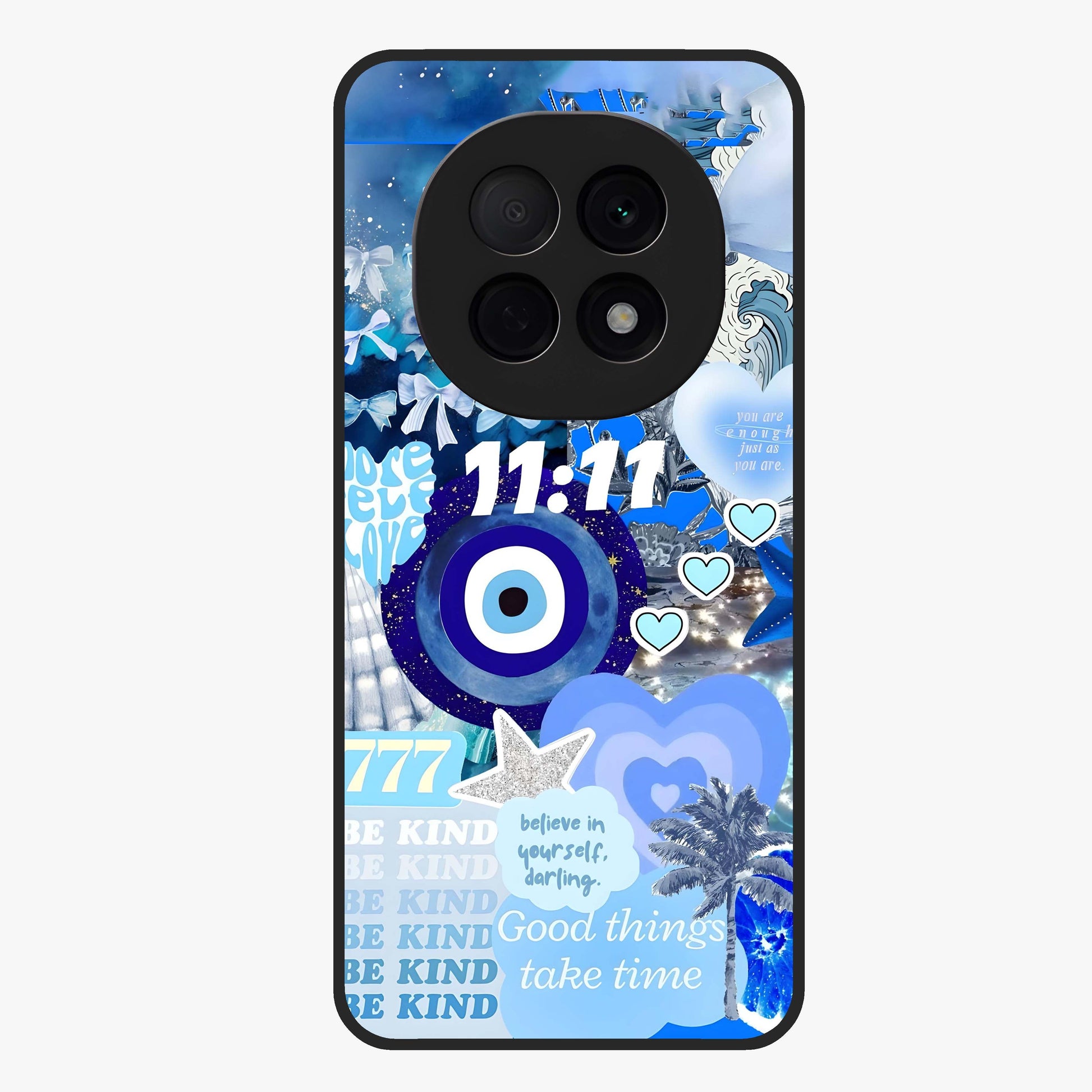 Aesthetic Be Kind Eye Glass Case showing flat back view with motivational eye artwork and glossy glass finish.