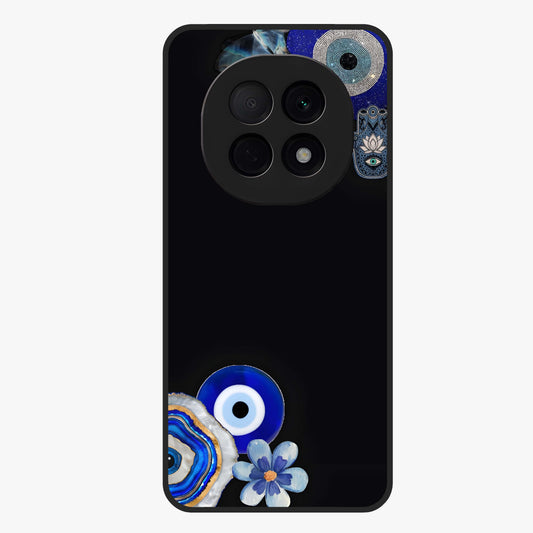 Aesthetic Blue Evil Eye Glass Case showing flat back view with protective evil eye artwork and glossy glass finish.