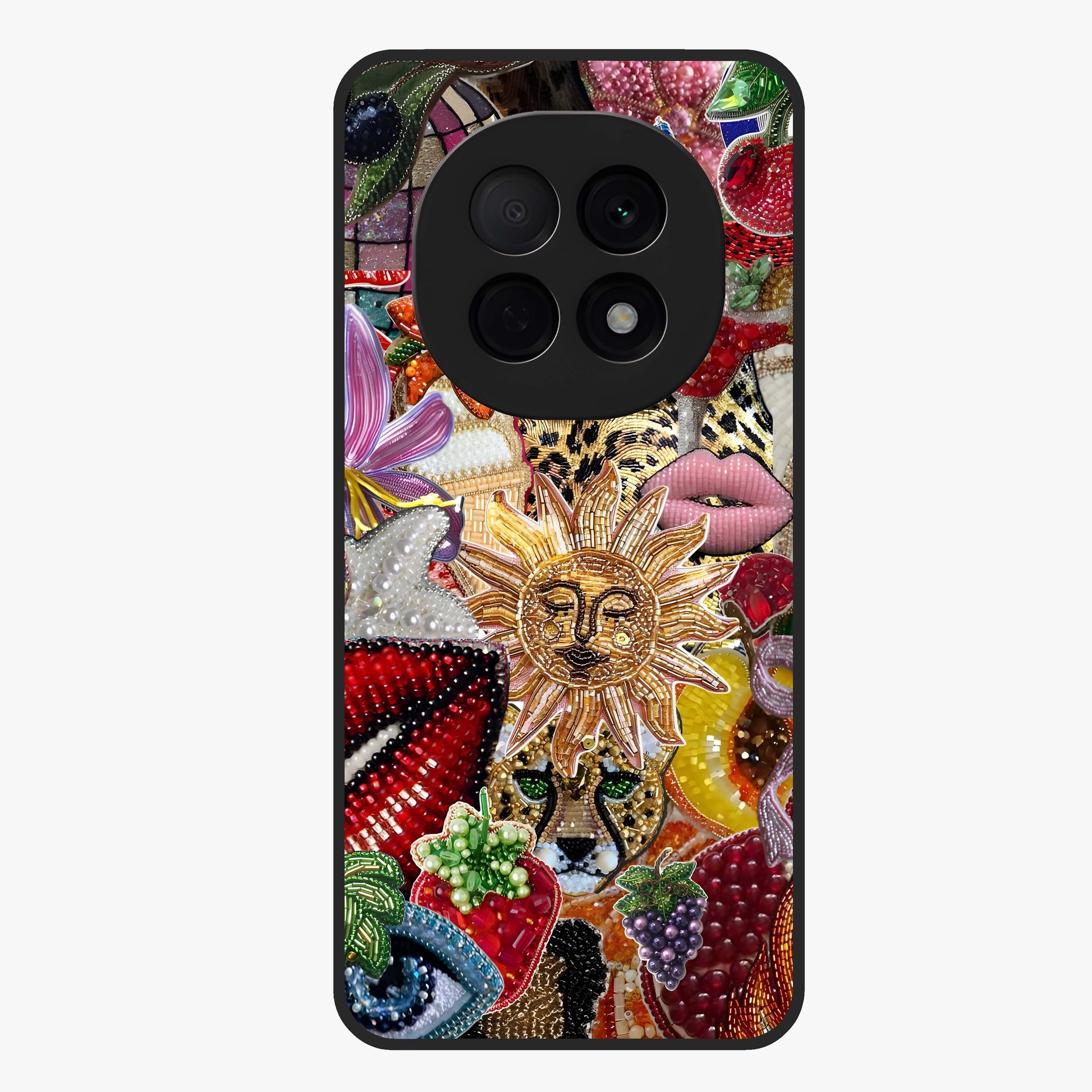 Beaded Fashion Jungle Glass Case showing flat back view with vibrant jungle inspired bead artwork and glossy glass finish.