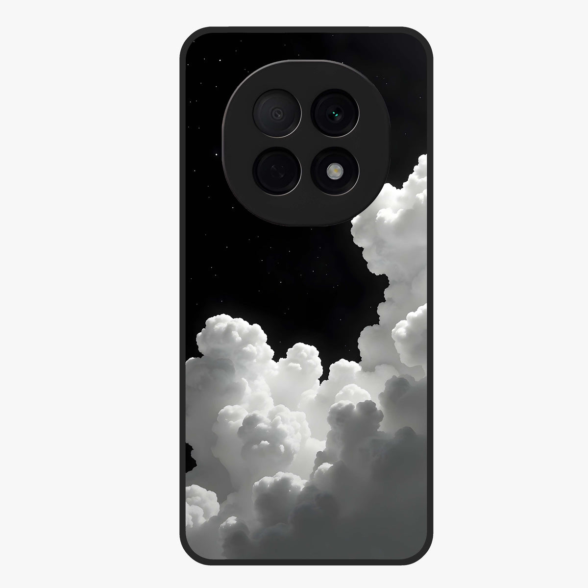 Black Background With White Cloud Glass Case showing flat back view with minimal cloud artwork on dark background and glossy glass finish.
