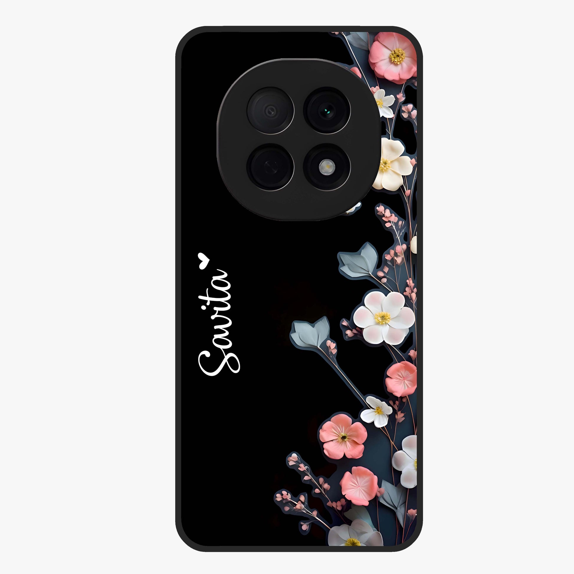 Black Elegance Floral Custom Name Glass Case showing flat back view with elegant floral artwork and personalized name design.