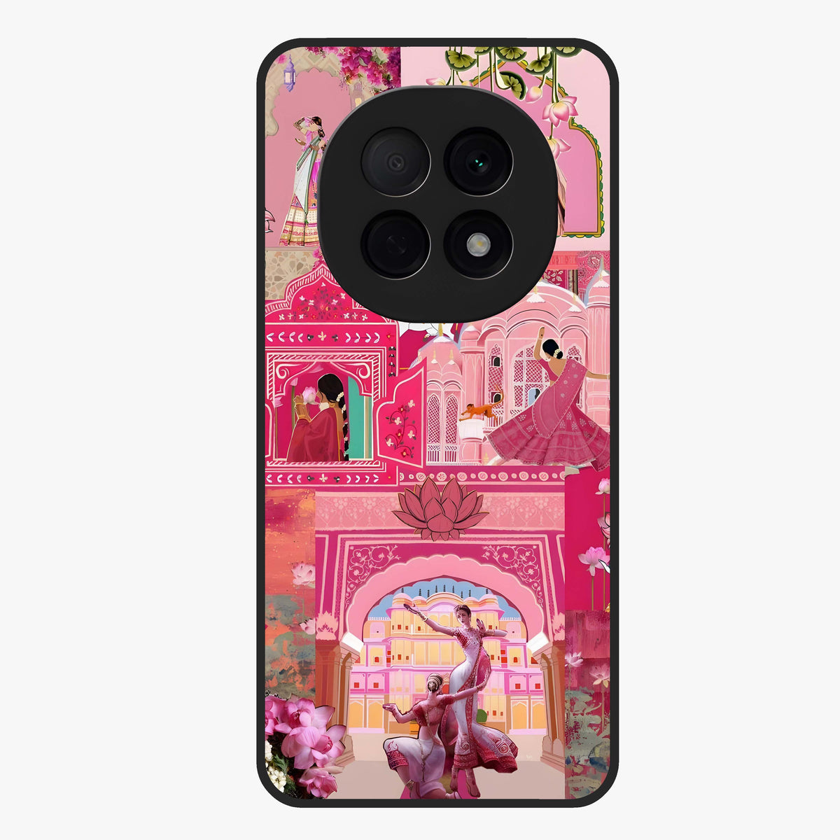 Blossoms of Rajasthan Glass Case showing flat back view with traditional floral artwork inspired by Rajasthan and glossy glass finish.