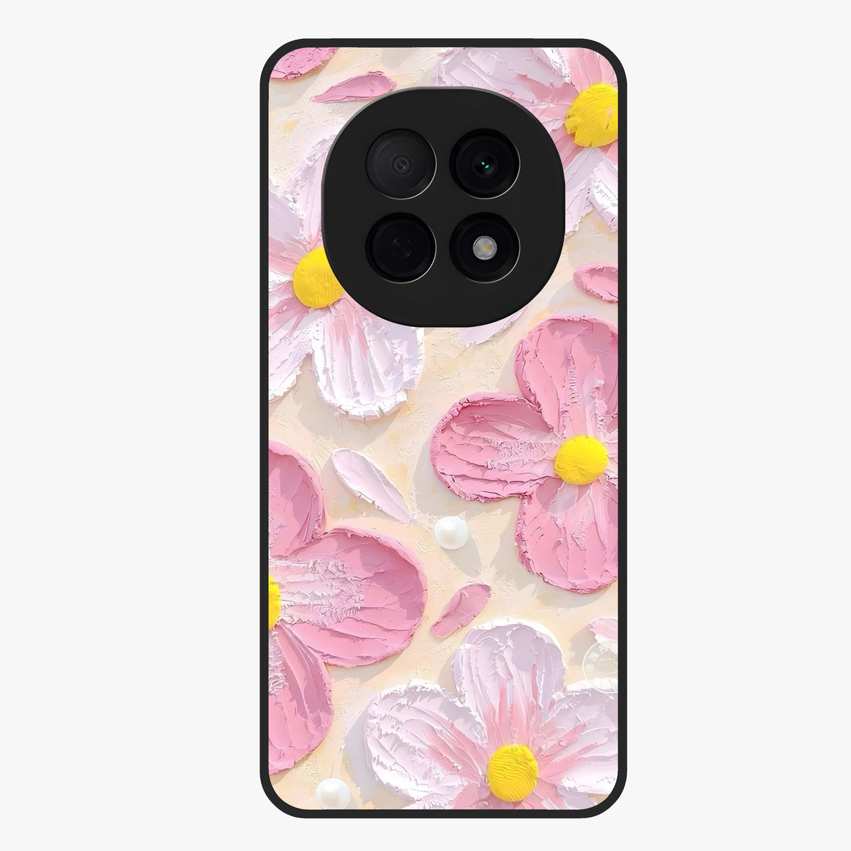 Blush Bloom Texture Glass Case showing flat back view with soft blush floral texture artwork and glossy glass finish.
