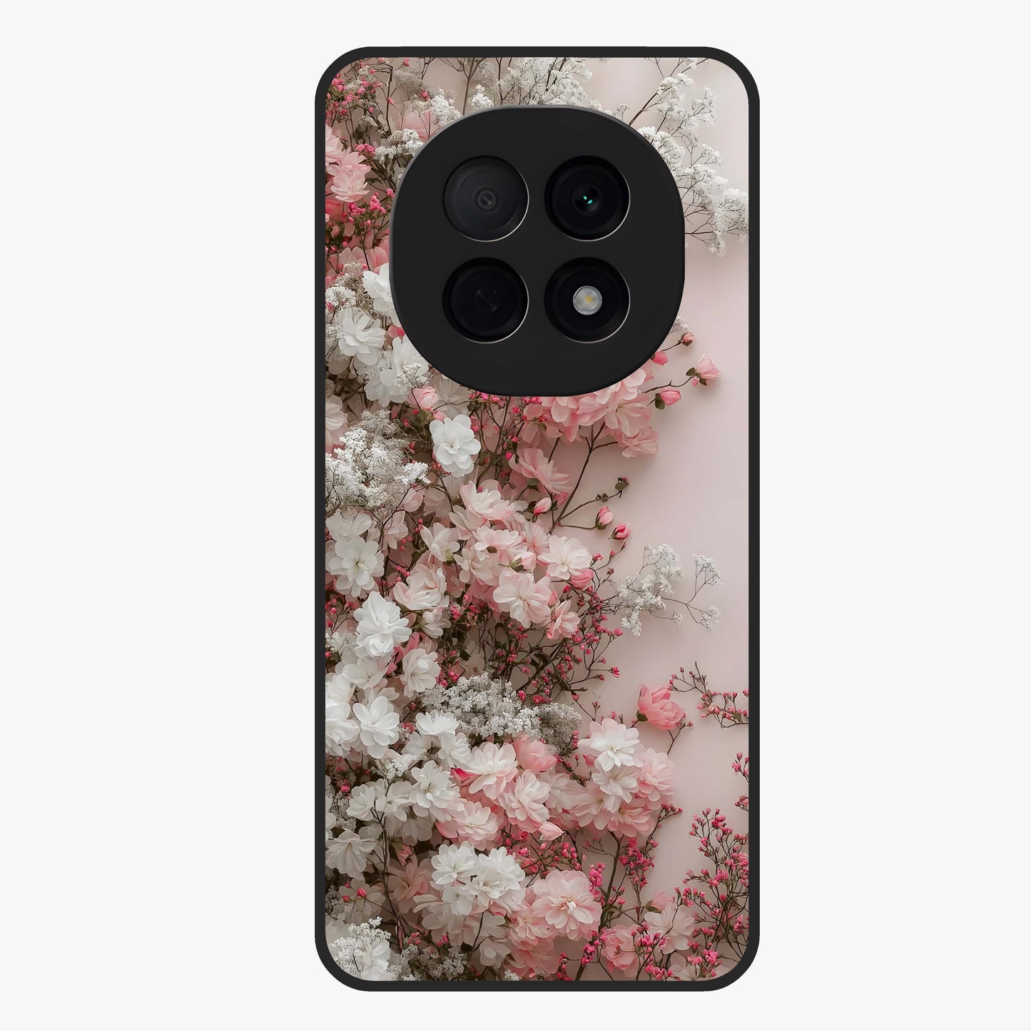 Blush Blossom Cloud Glass Case showing flat back view with dreamy blush cloud blossom artwork and glossy glass finish.
