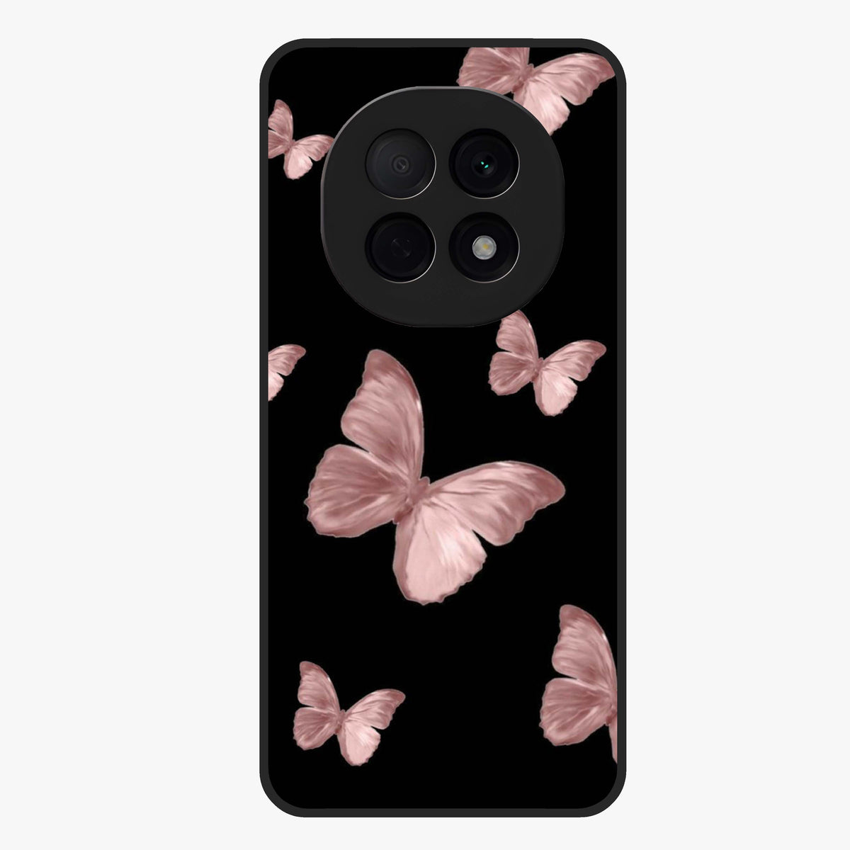 Butterfly Pattern Glass Case showing flat back view with elegant butterfly pattern artwork and glossy glass finish.