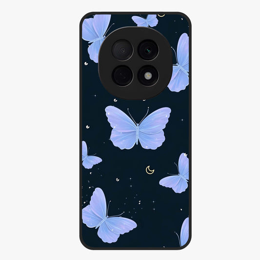 Butterfly With Stars Pattern Glass Case showing flat back view with butterfly and star pattern artwork and glossy glass finish.