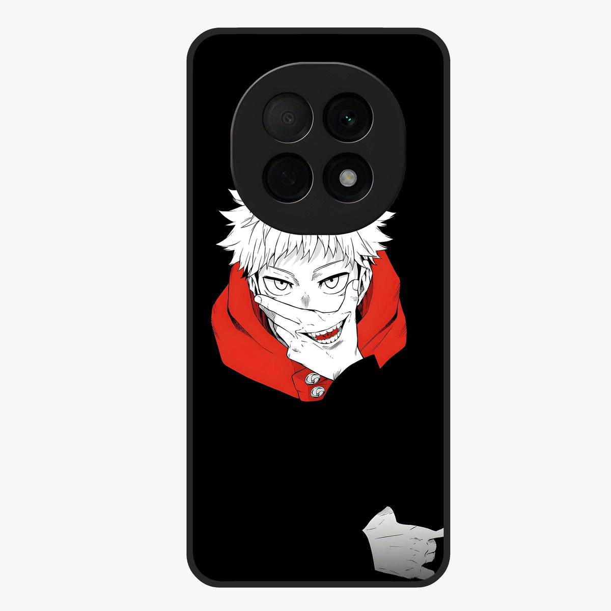 Crimson Chaos Smile Glass Case showing flat back view with bold chaotic smile artwork and glossy glass finish.