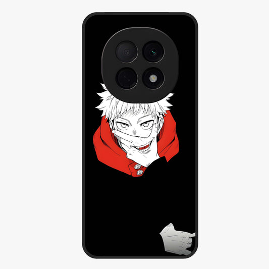 Crimson Chaos Smile Glass Case showing flat back view with bold chaotic smile artwork and glossy glass finish.