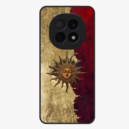 Crimson Sun Majesty Glass Case showing flat back view with radiant sun inspired artwork and glossy glass finish.