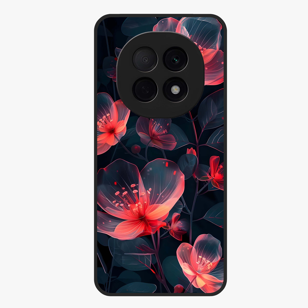 Dark Shade of Flower Glass Case showing flat back view with elegant dark floral artwork and glossy glass finish.