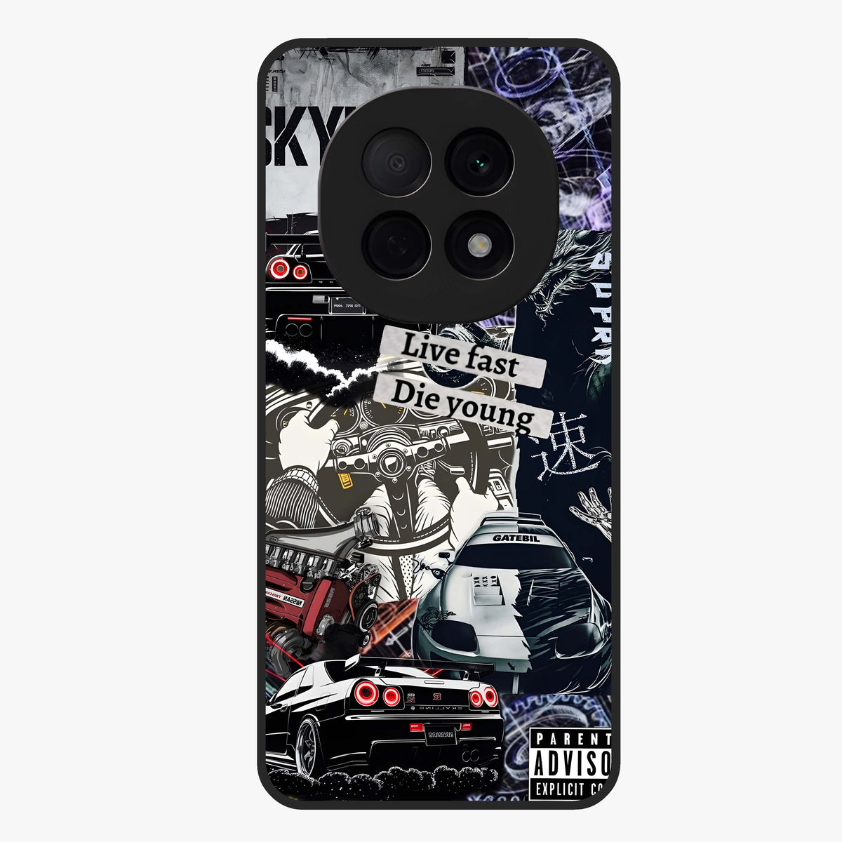 Die Young Glass Case showing flat back view with bold artistic typography design and glossy glass finish.