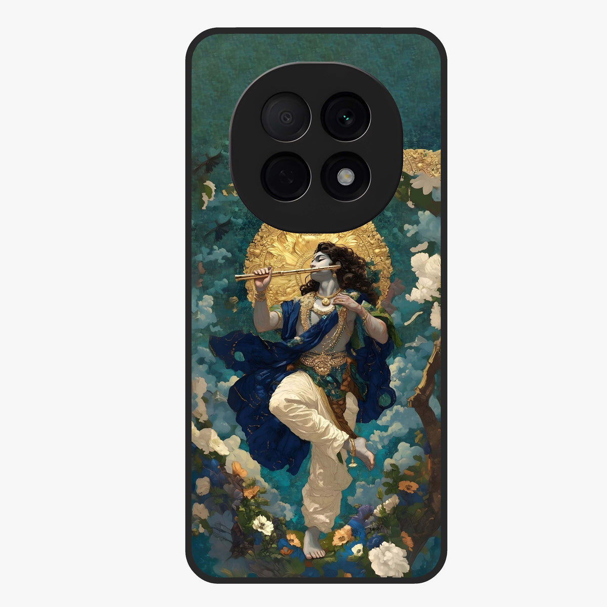 Divine Krishna Art Glass Case showing flat back view with Lord Krishna artwork and glossy glass finish.