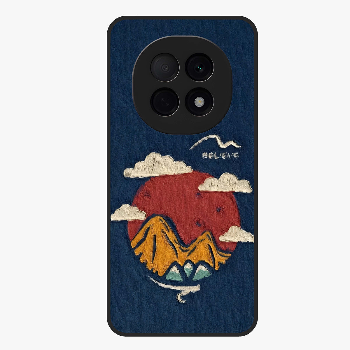 Dream Beyond Mountains Glass Case showing flat back view with scenic mountain landscape artwork and glossy glass finish.