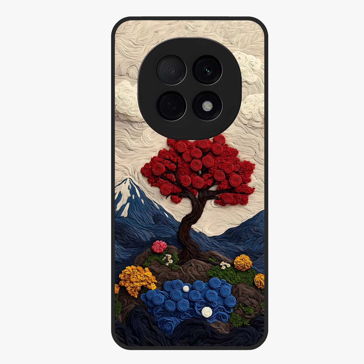 Eternal Nature Tapestry Glass Case showing flat back view with intricate nature tapestry artwork and glossy glass finish.