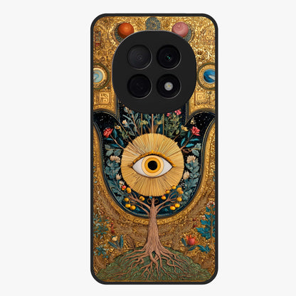 Ethereal Evil Eye Glass Case showing flat back view with mystical evil eye artwork and glossy glass finish.