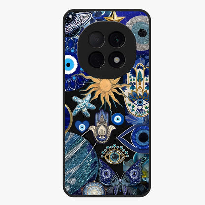Evil Eye Charm Mix Glass Case showing flat back view with multiple evil eye charms artwork and glossy glass finish.