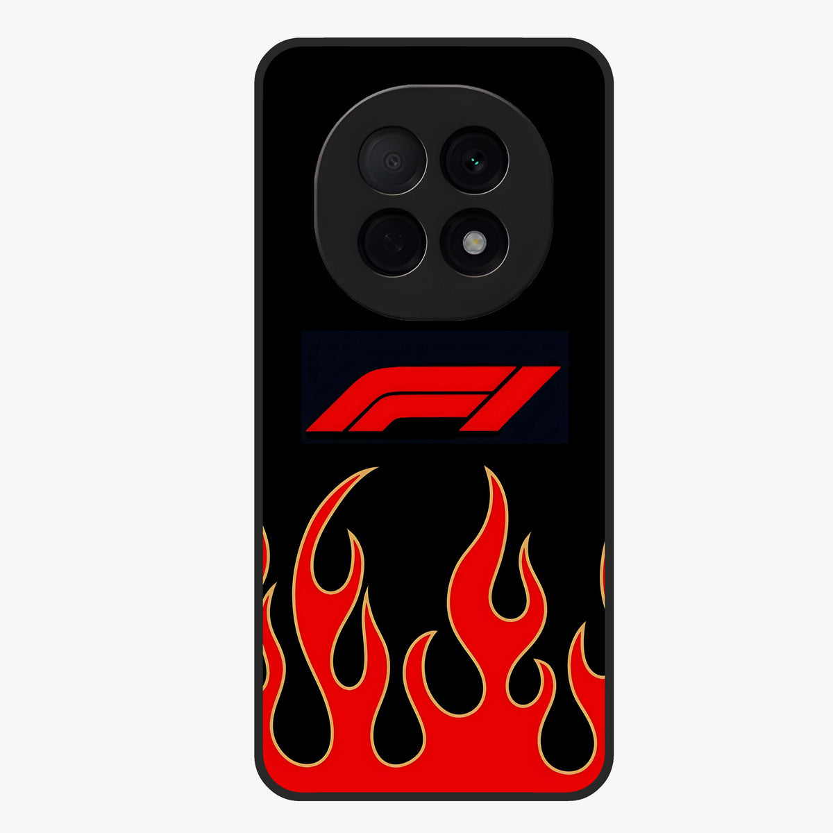 Fire F11 Glass Case showing flat back view with fiery themed artwork and glossy glass finish.