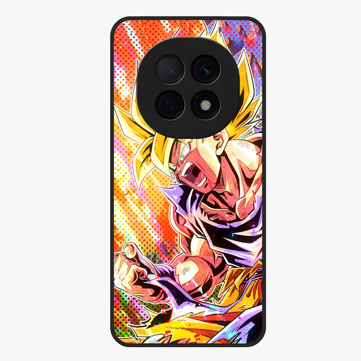 Firing Goku Glass Case showing flat back view with powerful anime inspired artwork and glossy glass finish.