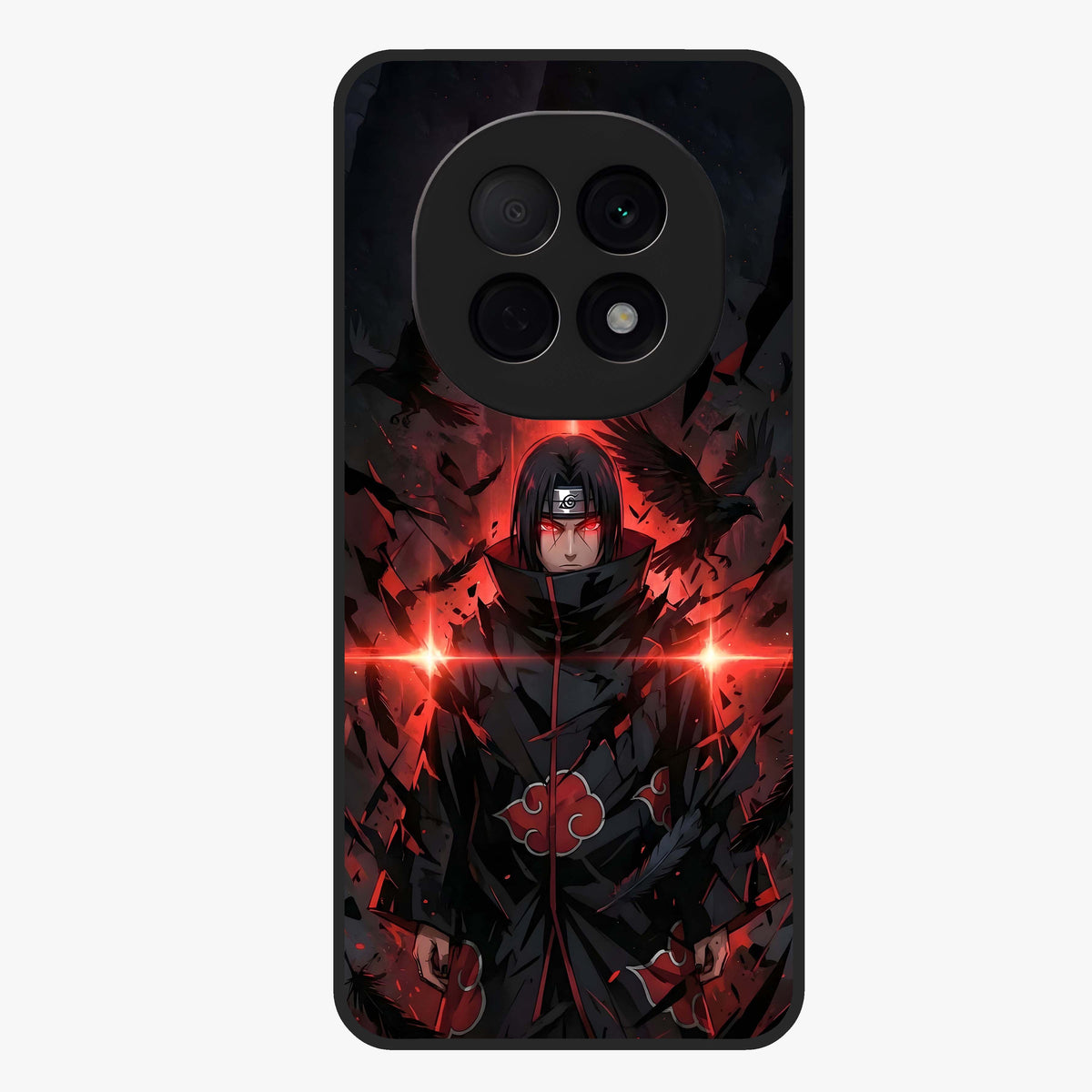 Focused Blade Discipline Glass Case showing flat back view with warrior sword themed artwork and glossy glass finish.