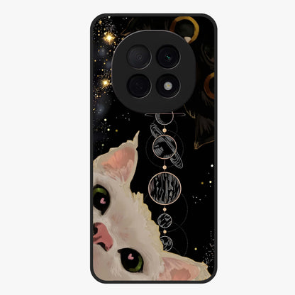 Galactic Cat Glass Case showing flat back view with cosmic cat artwork and glossy glass finish.