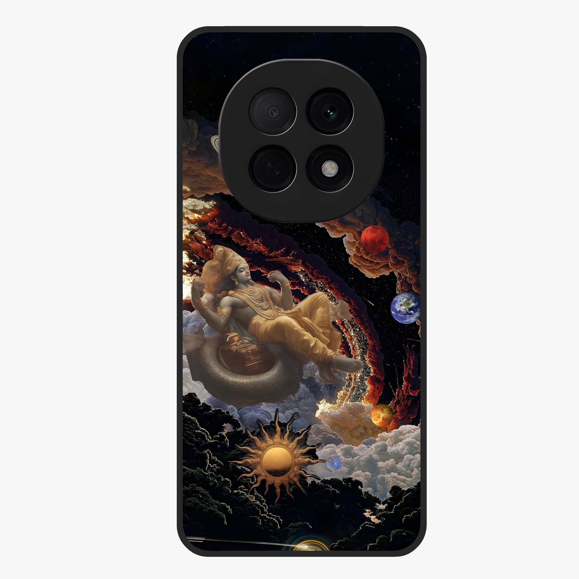 Galactic Divine God Glass Case showing flat back view with divine cosmic themed artwork and glossy glass finish.