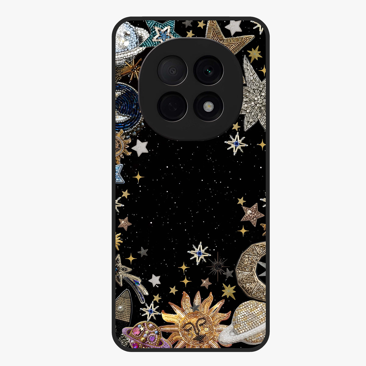 Galactic Jewel Stars Glass Case showing flat back view with sparkling star jewel artwork and glossy glass finish.