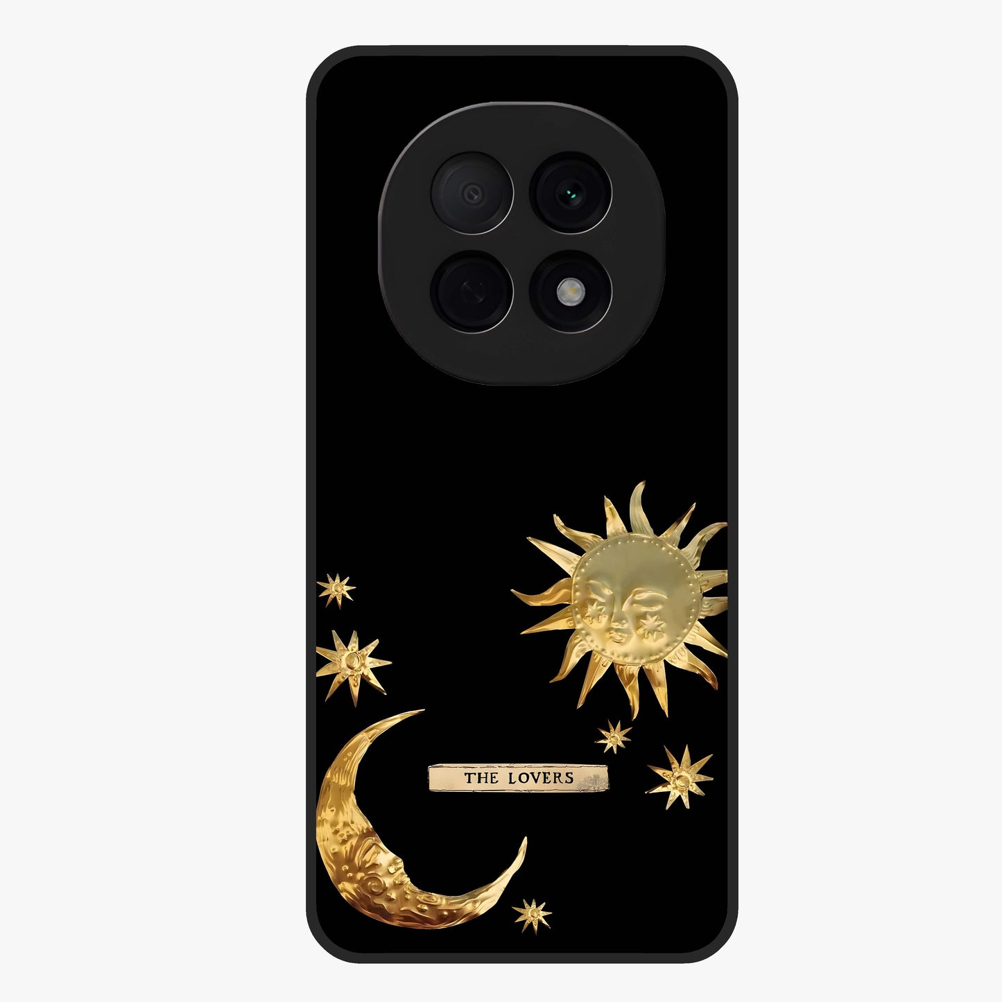 Golden Celestial Charm Glass Case showing flat back view with golden celestial charm artwork and glossy glass finish.