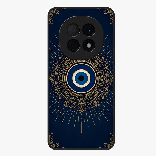 Golden Evil Eye Mandala Glass Case showing flat back view with intricate evil eye mandala artwork and glossy glass finish.