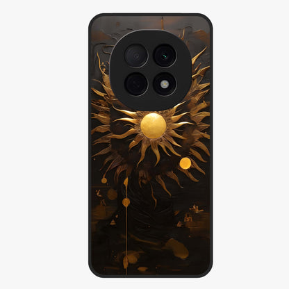 Golden Sun Majesty Glass Case showing flat back view with radiant golden sun artwork and glossy glass finish.