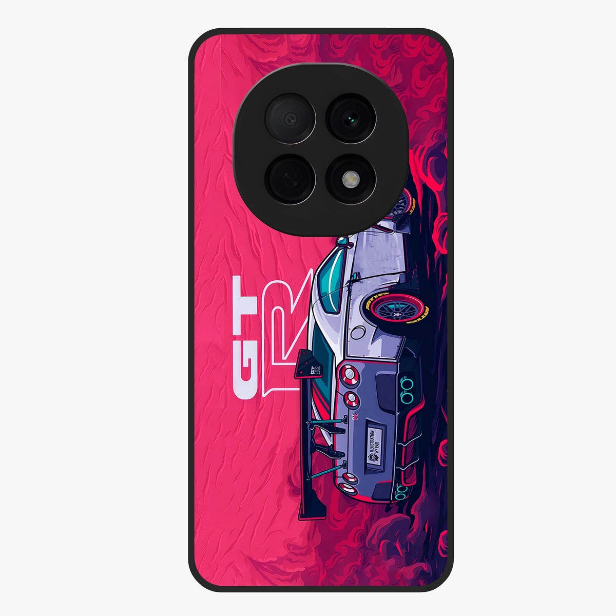GT-R Car Pattern Glass Case showing flat back view with sporty car inspired pattern artwork and glossy glass finish.