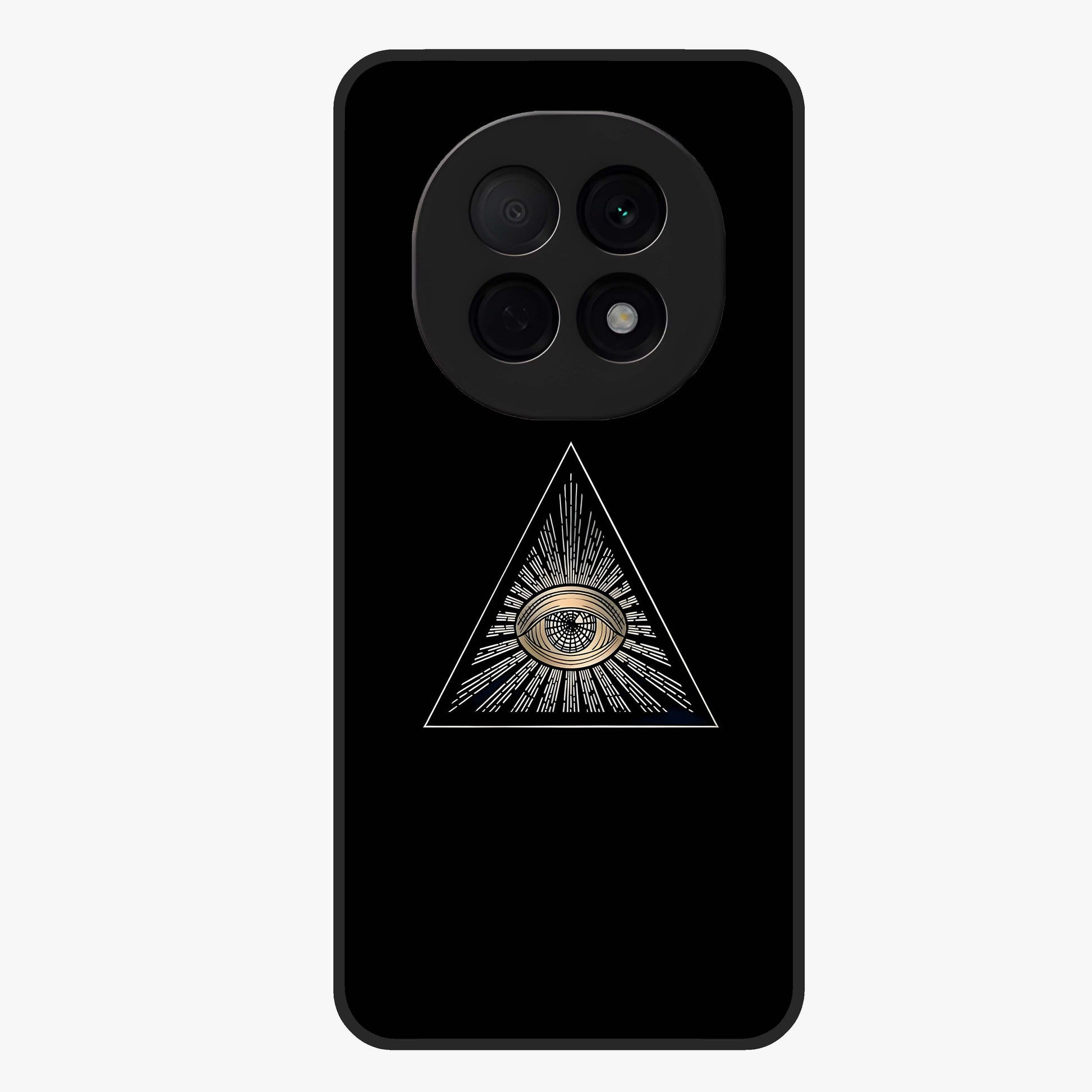Illuminati Evil Glass Case showing flat back view with mysterious illuminati symbol artwork and glossy glass finish.