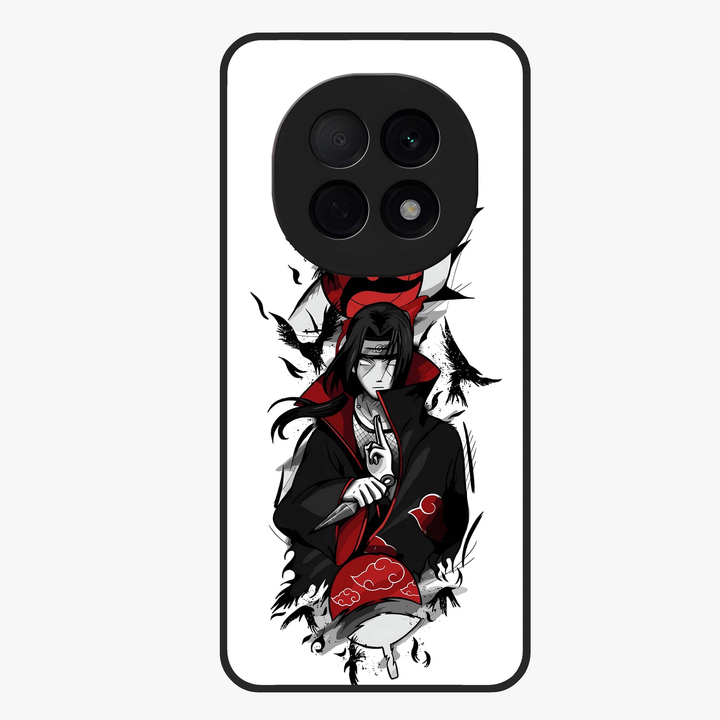 Itachi Sharingan Glass Case showing flat back view with powerful anime eye artwork and glossy glass finish.