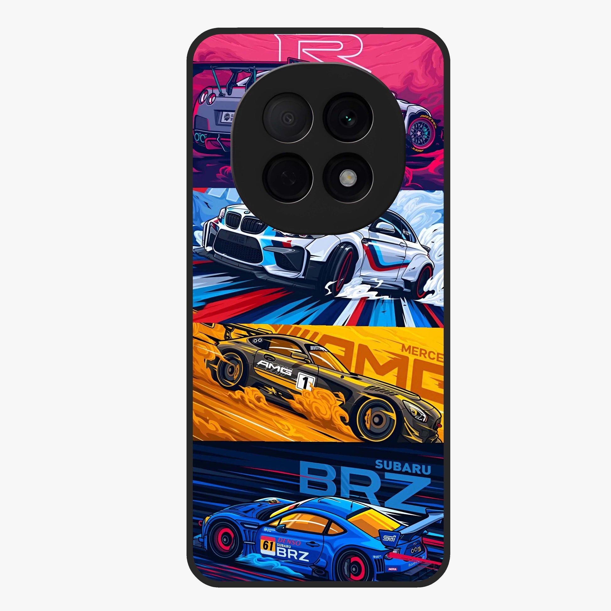 JDM Sports Car Glass Case showing flat back view with high performance sports car artwork and glossy glass finish.