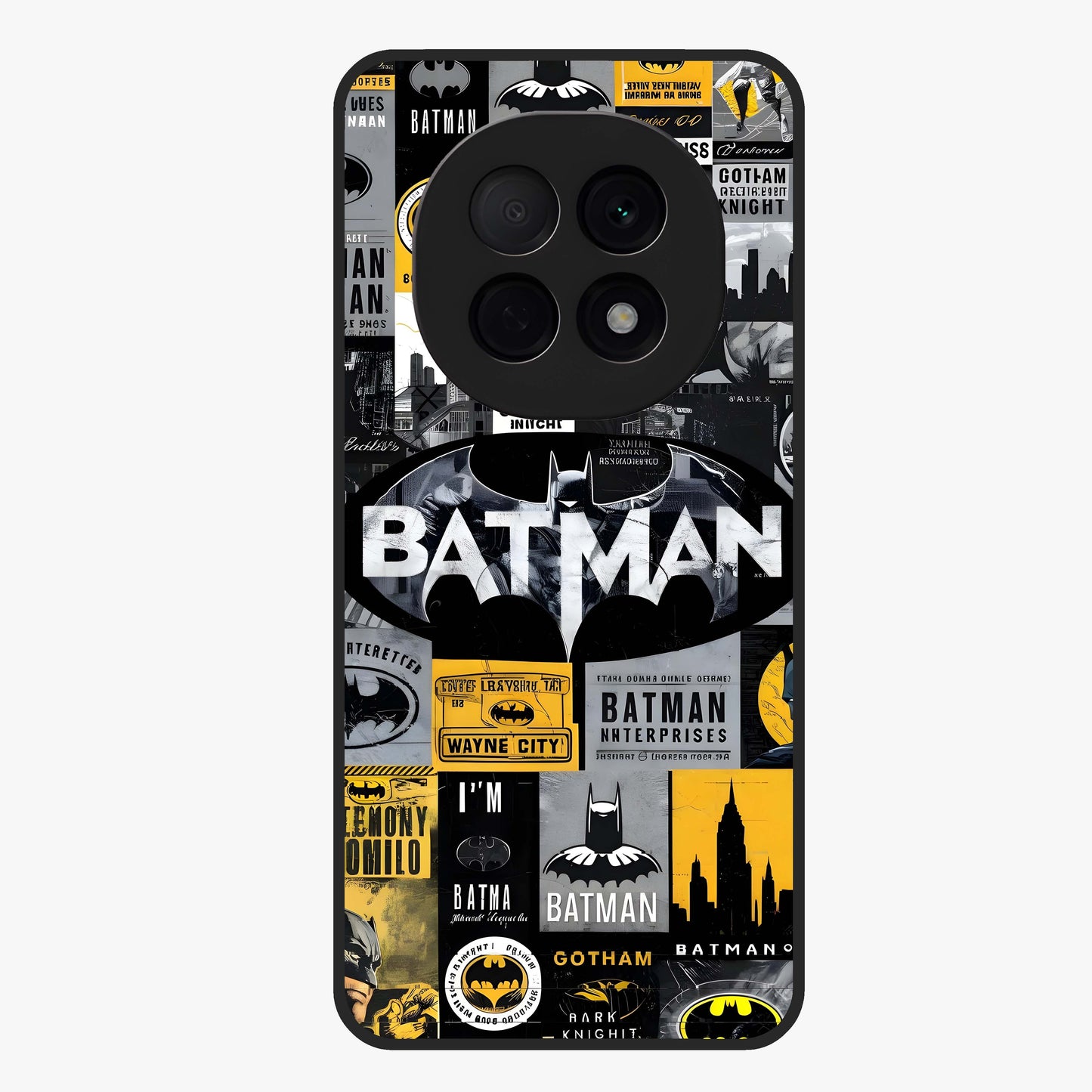 Knight Gotham Rise Glass Case showing flat back view with dark hero inspired artwork and glossy glass finish.