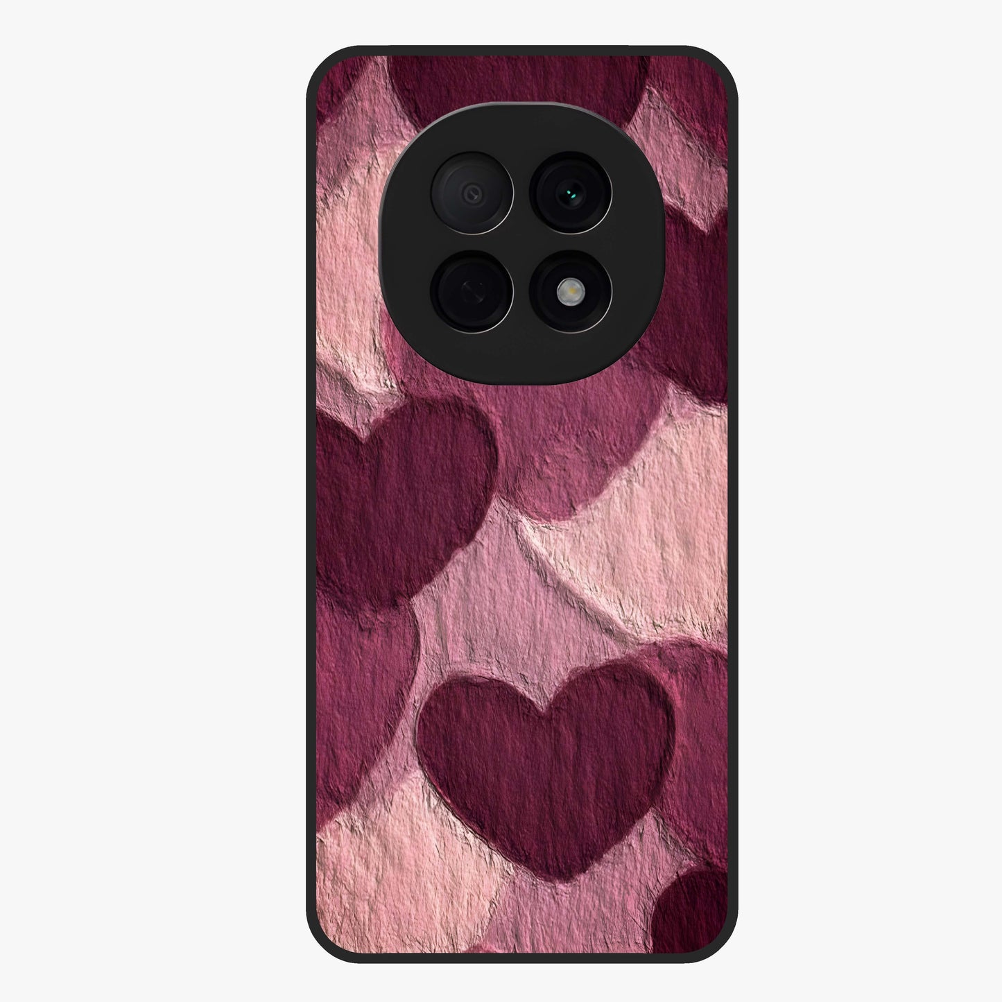 Layered Paper Hearts Glass Case showing flat back view with layered paper heart artwork and glossy glass finish.