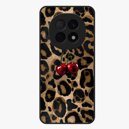 Leopard Wild Cherry Glass Case showing flat back view with leopard pattern and cherry artwork and glossy glass finish.