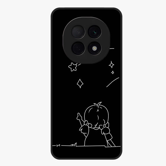 Line Art Girl With Shooting Stars Glass Case showing flat back view with minimal line art girl and shooting stars illustration and glossy glass finish.
