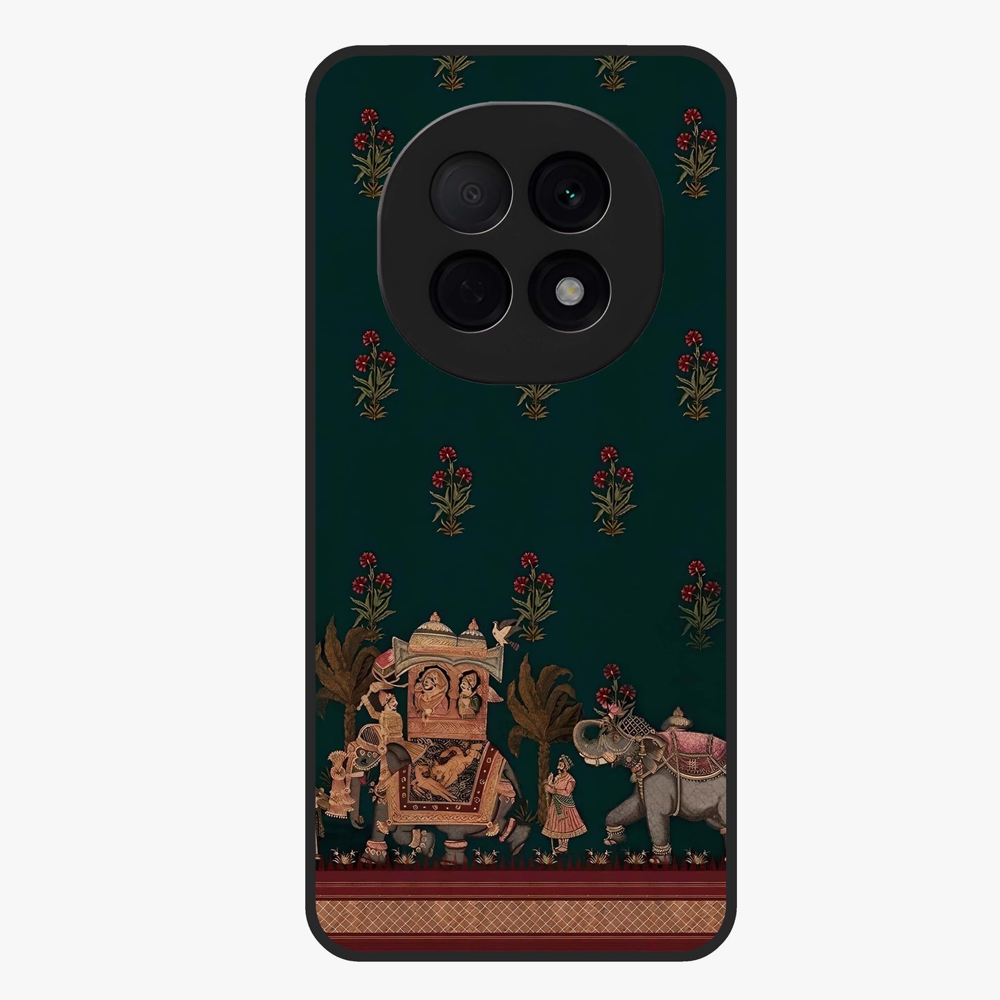 Macmerise Glass Case showing flat back view with stylish modern artwork and glossy glass finish.