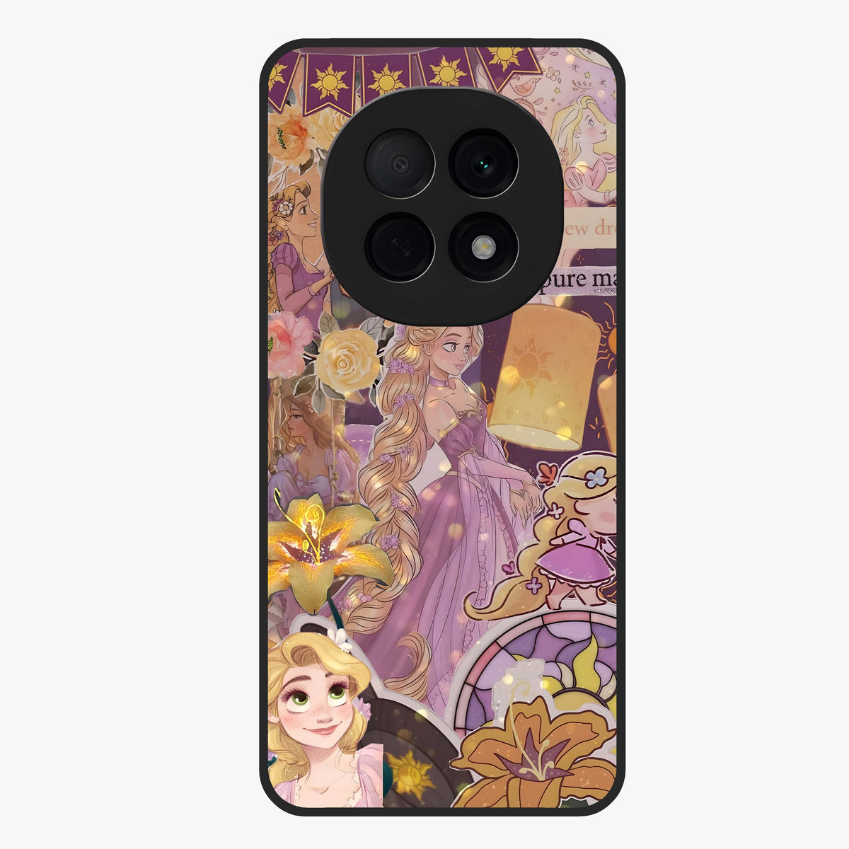 Magical Tangled Dream Glass Case showing flat back view with dreamy tangled artwork and glossy glass finish.