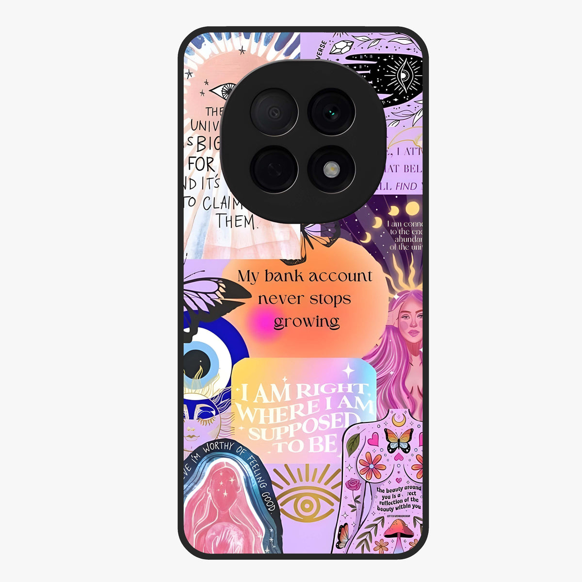 Manifestation Collage Glass Case showing flat back view with motivational collage artwork and glossy glass finish.