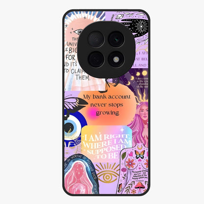 Manifestation Collage Glass Case showing flat back view with motivational collage artwork and glossy glass finish.